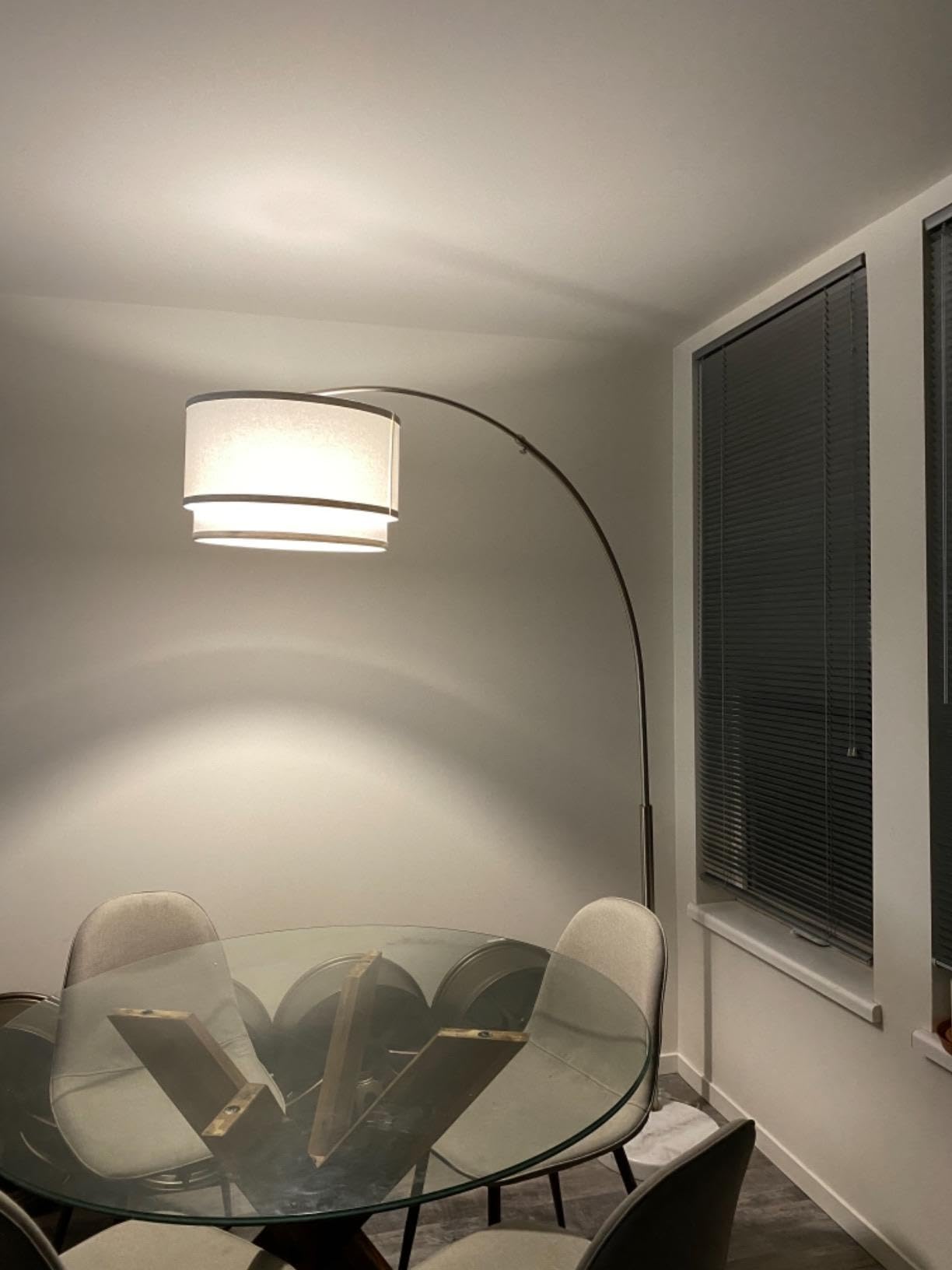 Brightech Mason Arc Lamp heavy marble base resists tipping in busy rooms.