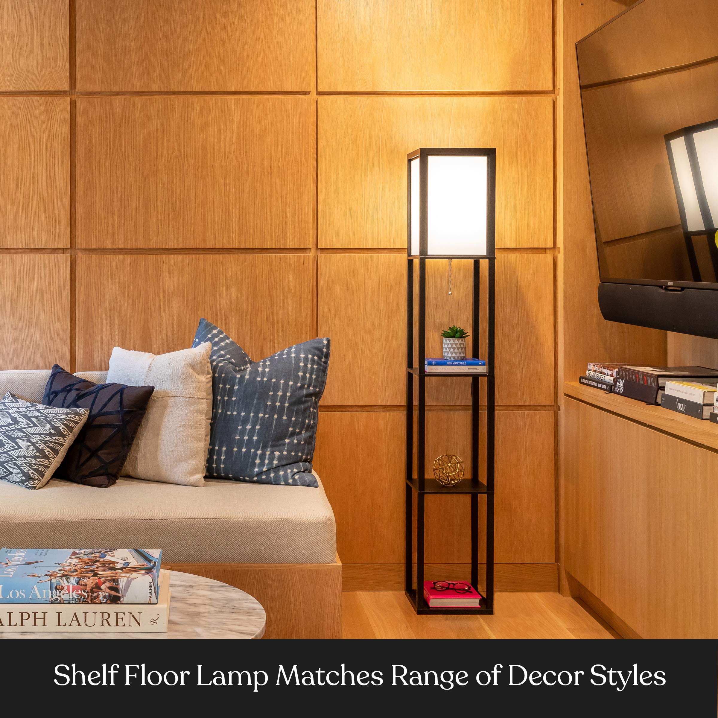 Three-tier shelves display books and decor with ambient Brightech Maxwell lighting