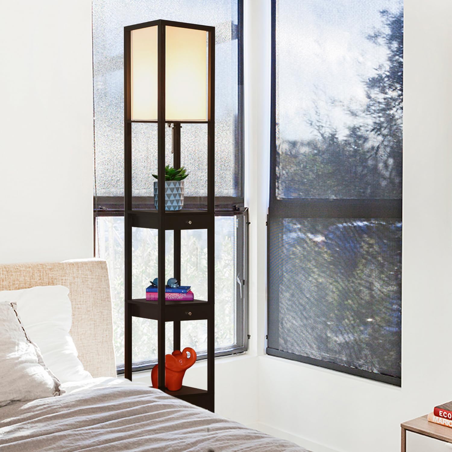 Brightech Maxwell Drawer Edition off-white shade diffuses light for a soft glow.