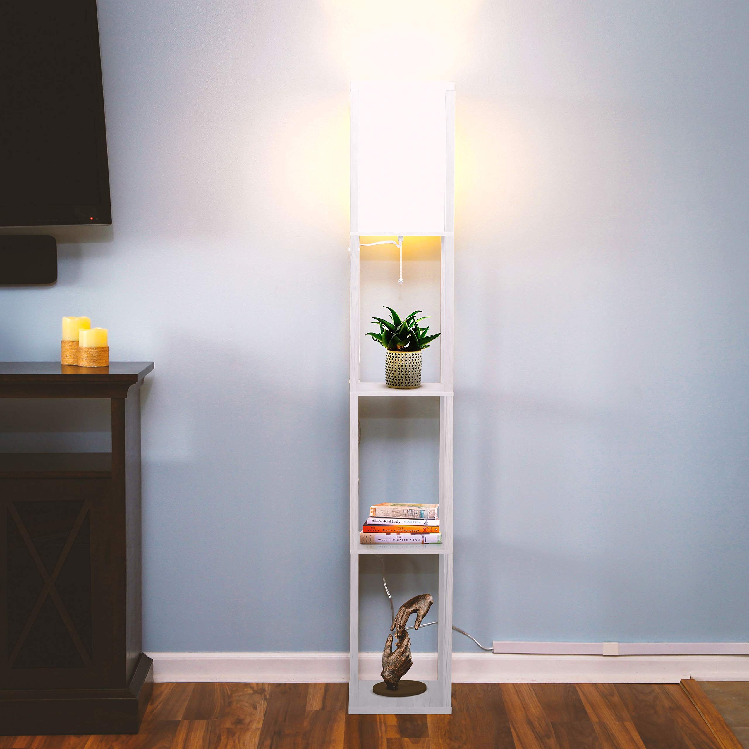 Narrow corner lamp doubles as a bookshelf in small spaces.