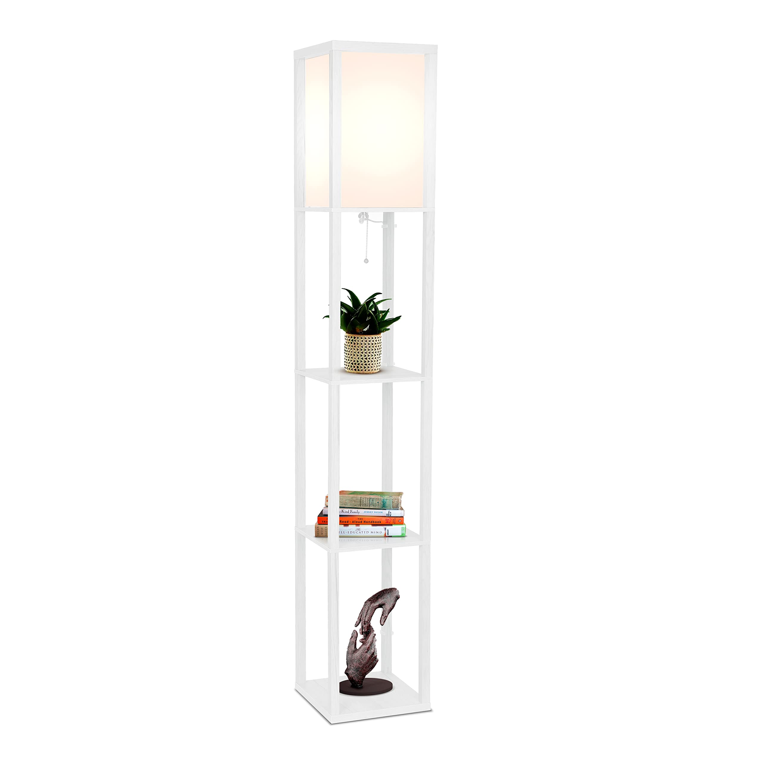 Brightech Maxwell shelf lamp with shade enhances corner lighting for cozy reading.