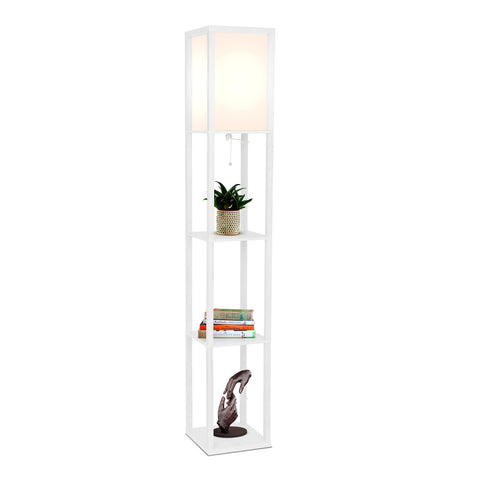 Brightech Maxwell shelf lamp with shade enhances corner lighting for cozy reading.