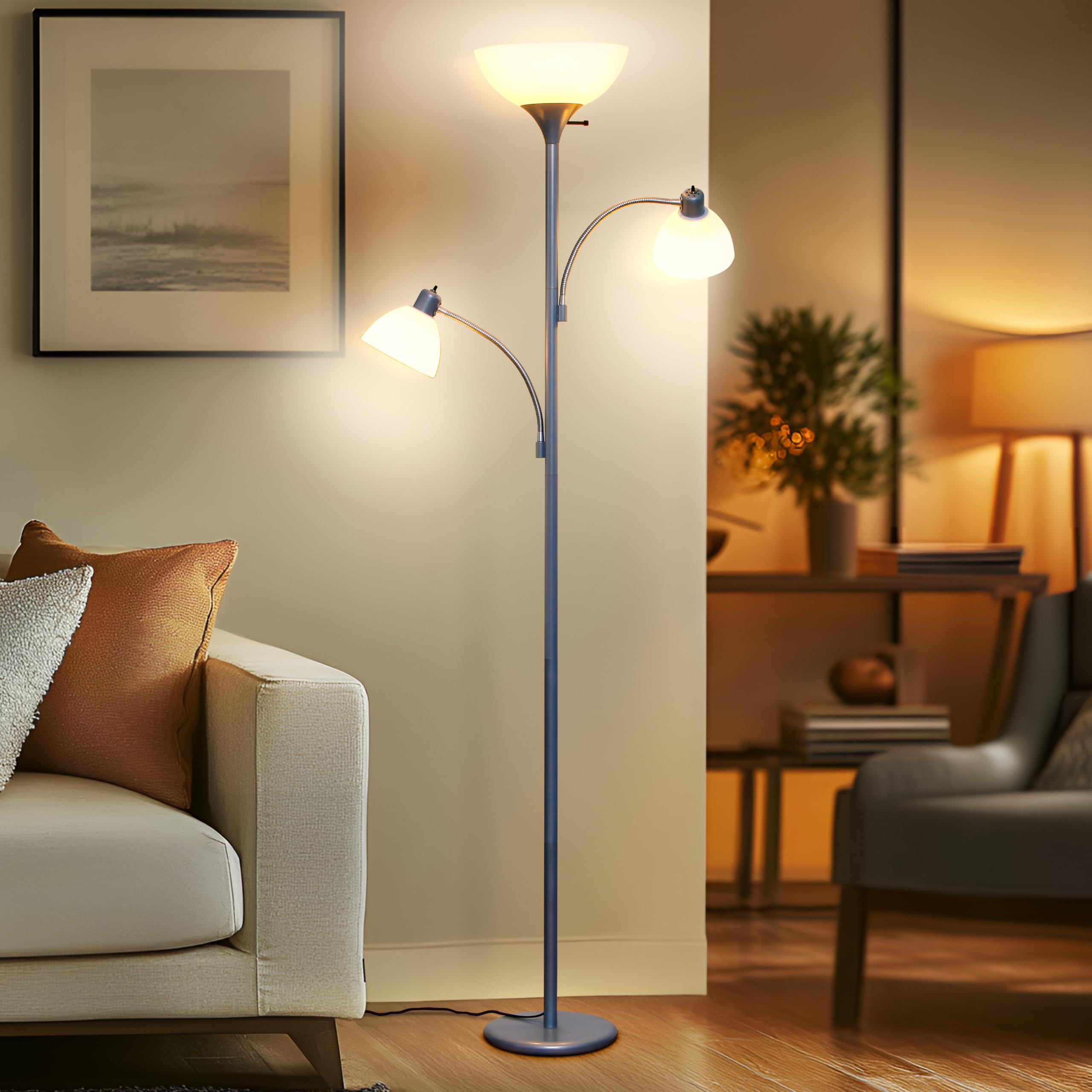 Brightech Sky Dome double torchiere with side arm extended for reading light.