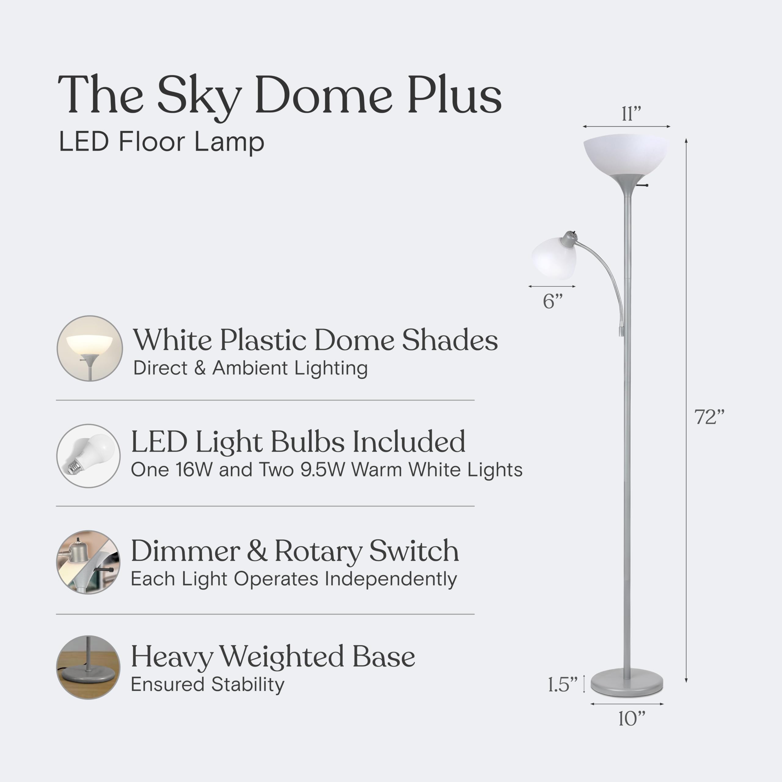 Brightech Sky Dome Plus torchiere head delivers warm ambient brightness.