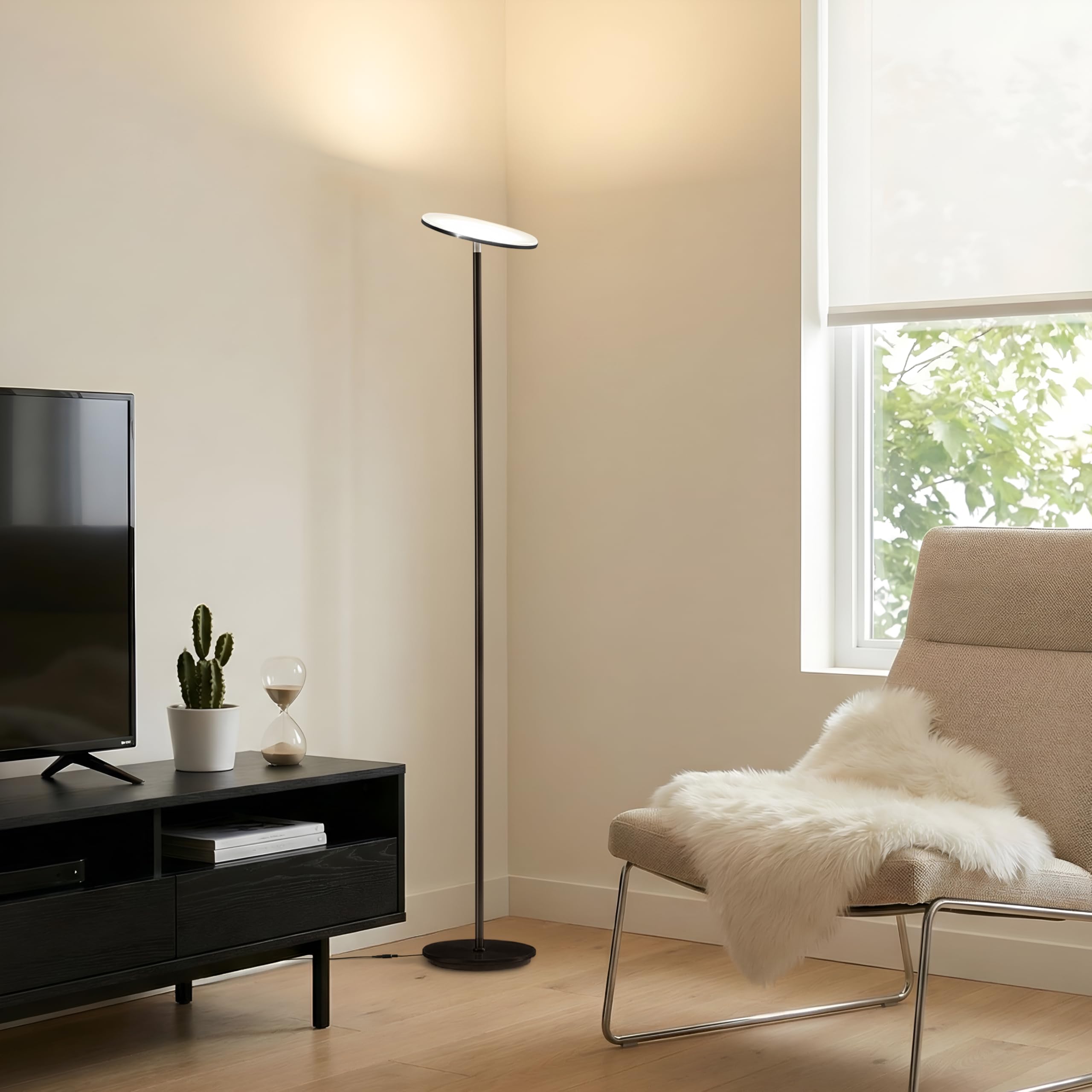 Brightech Sky weighted base keeps the lamp stable in busy rooms.