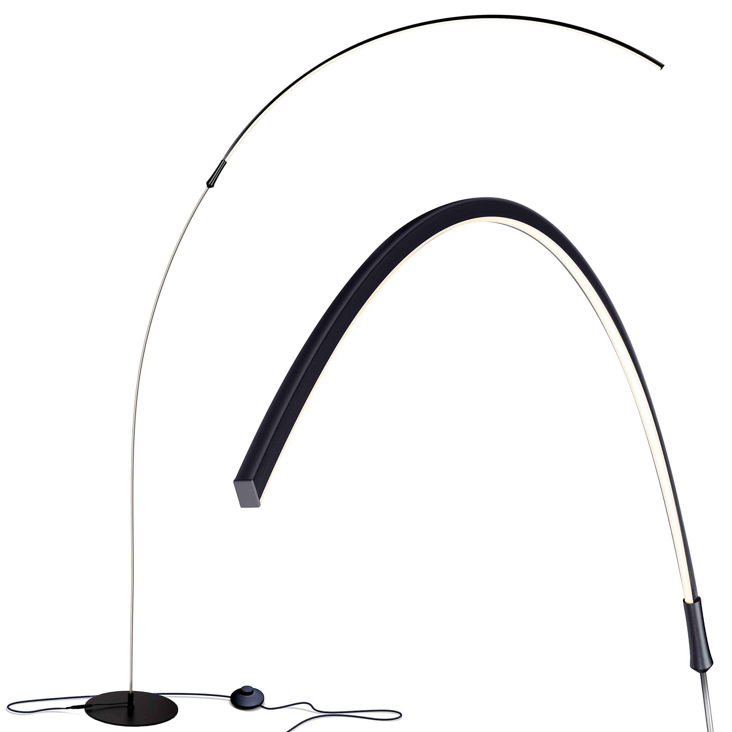 Brightech Sparq Arc floor lamp with arc design illuminates desks for focused work.