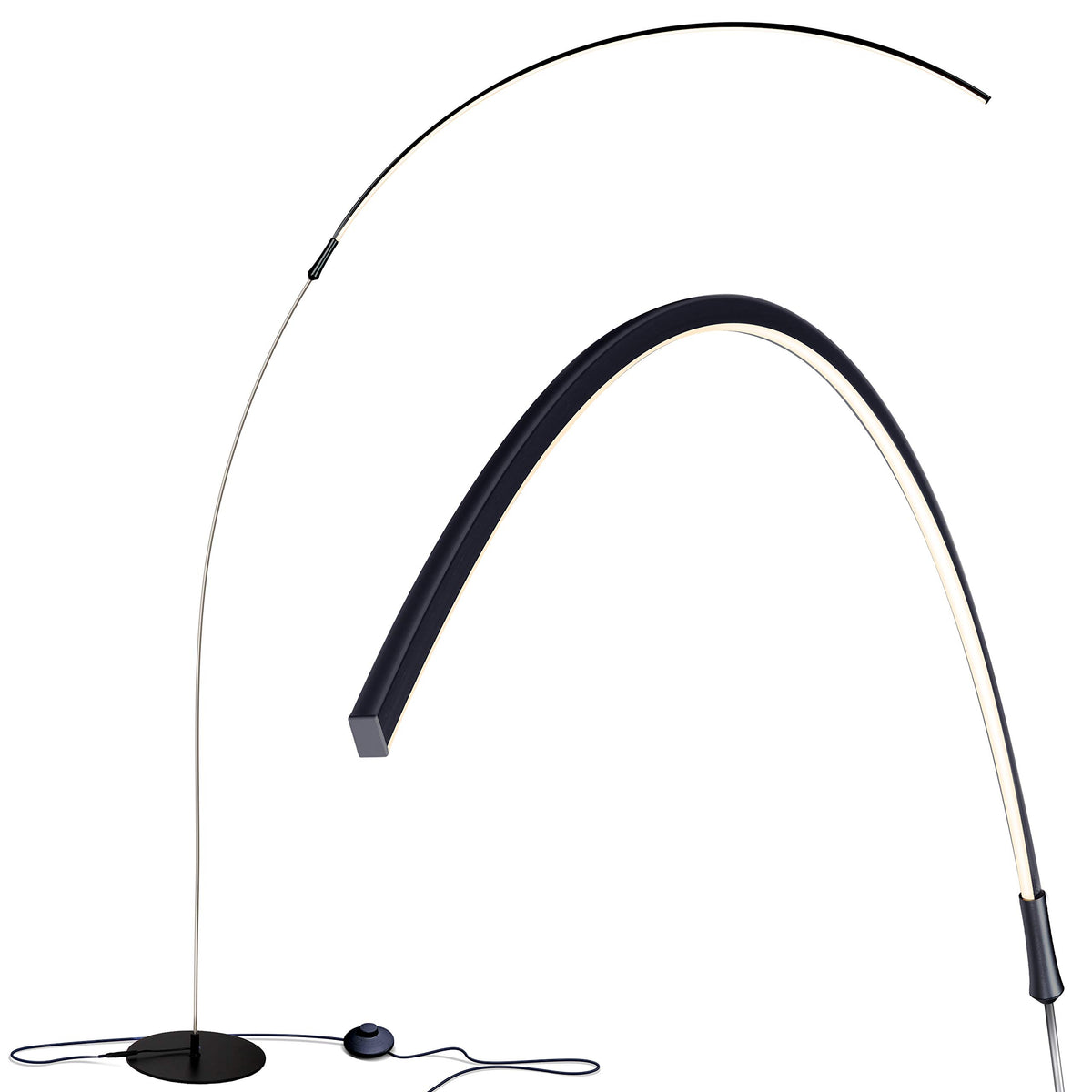 Brightech Sparq Arc floor lamp with arc design illuminates desks for focused work.