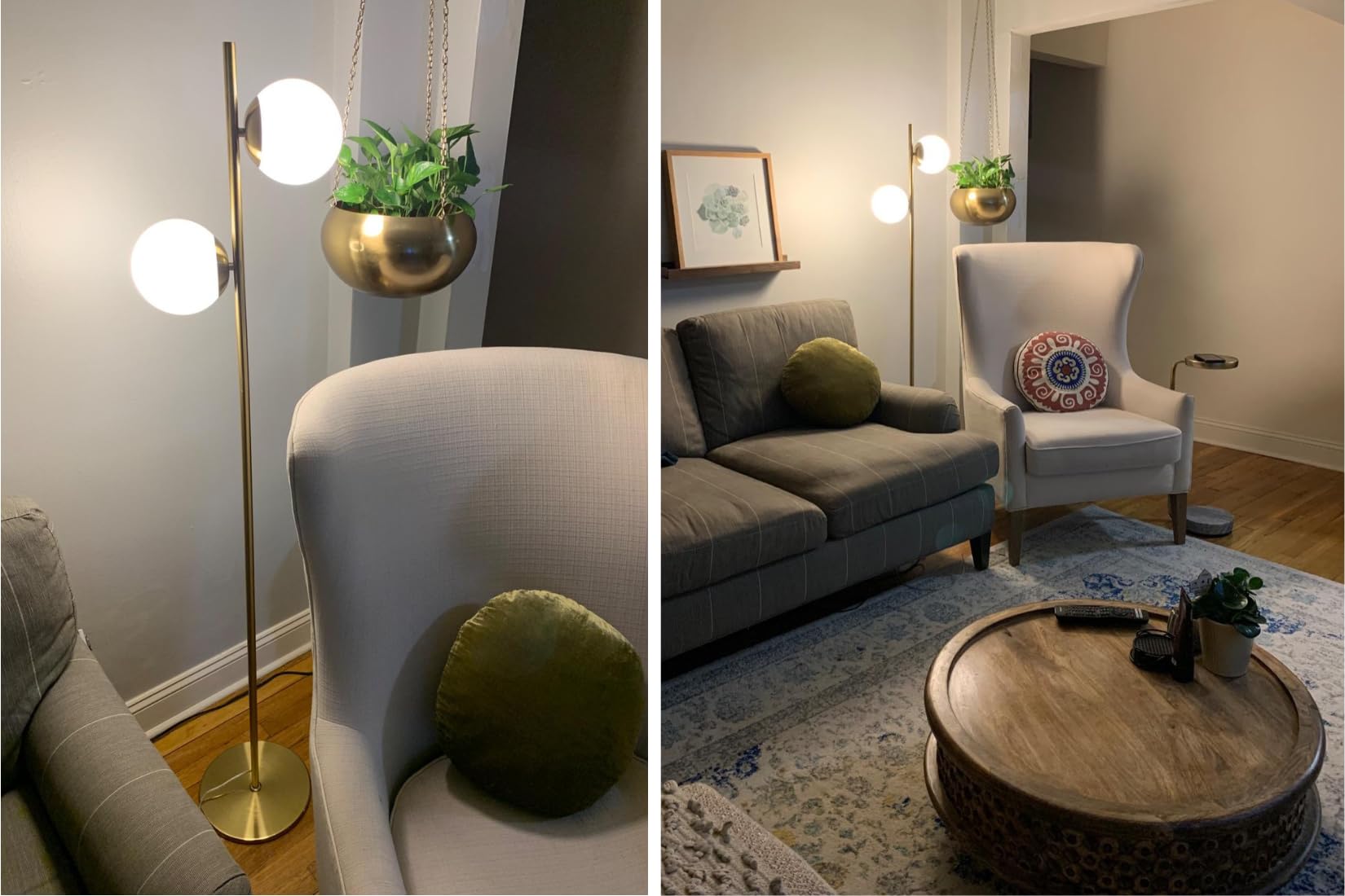 Brightech Sphere floor lamp stands securely in a modern living room