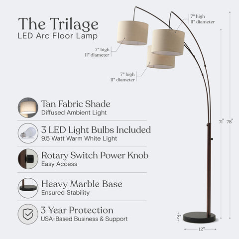 Brightech Trilage Arc lamp marble base adds stability and elegance.