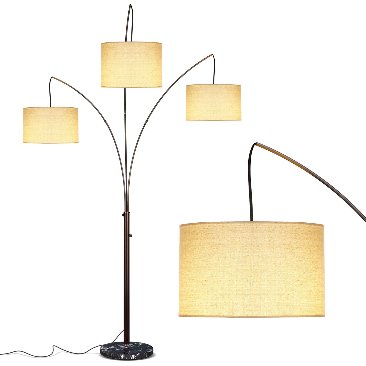 Brightech Trilage Arc lamp with three shades for layered room illumination.
