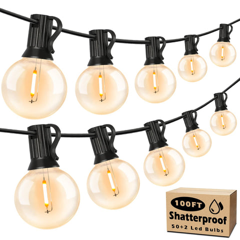 Brightever 100ft outdoor G40 LED globe string lights illuminate wide patio spaces.