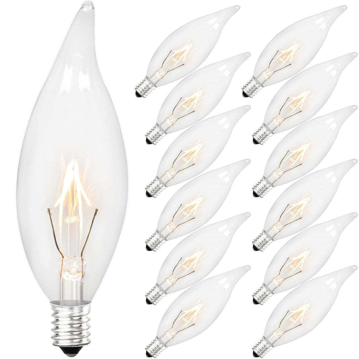 Brightever 12-pack vintage incandescent bulbs, front view, ideal for chandeliers with warm glow.