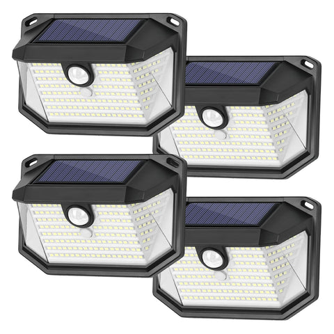 Brightever 4-pack solar wall lights front view illuminating entry path