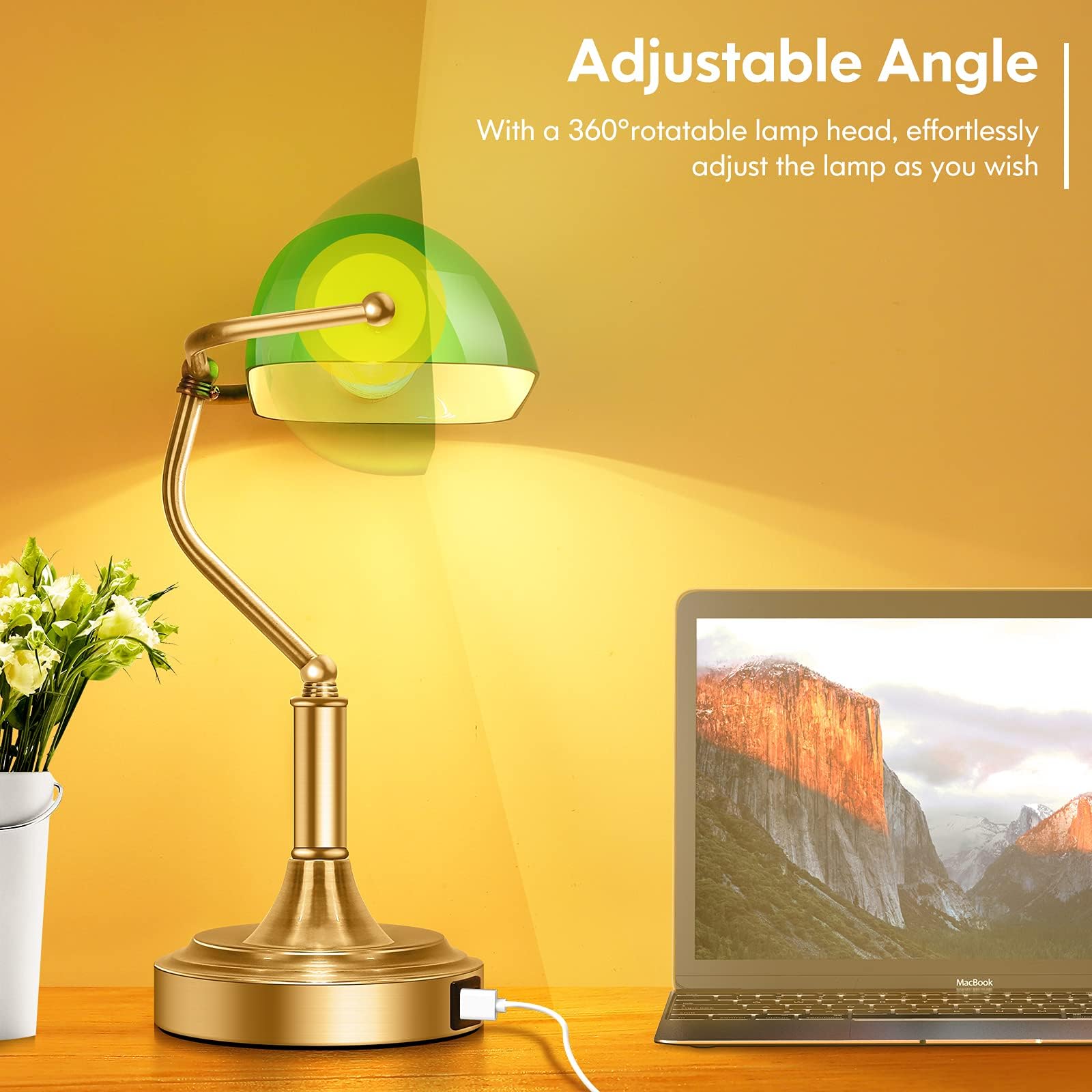 Brightever Bankers Lamp dual USB ports charge devices at the desk
