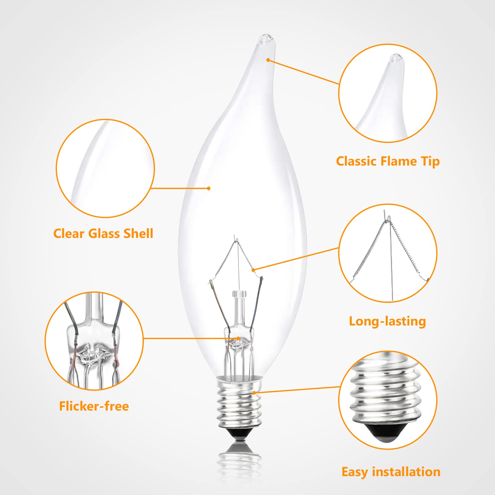 Brightever flame-tip Edison bulbs with E12 base, close-up, retro ambiance.