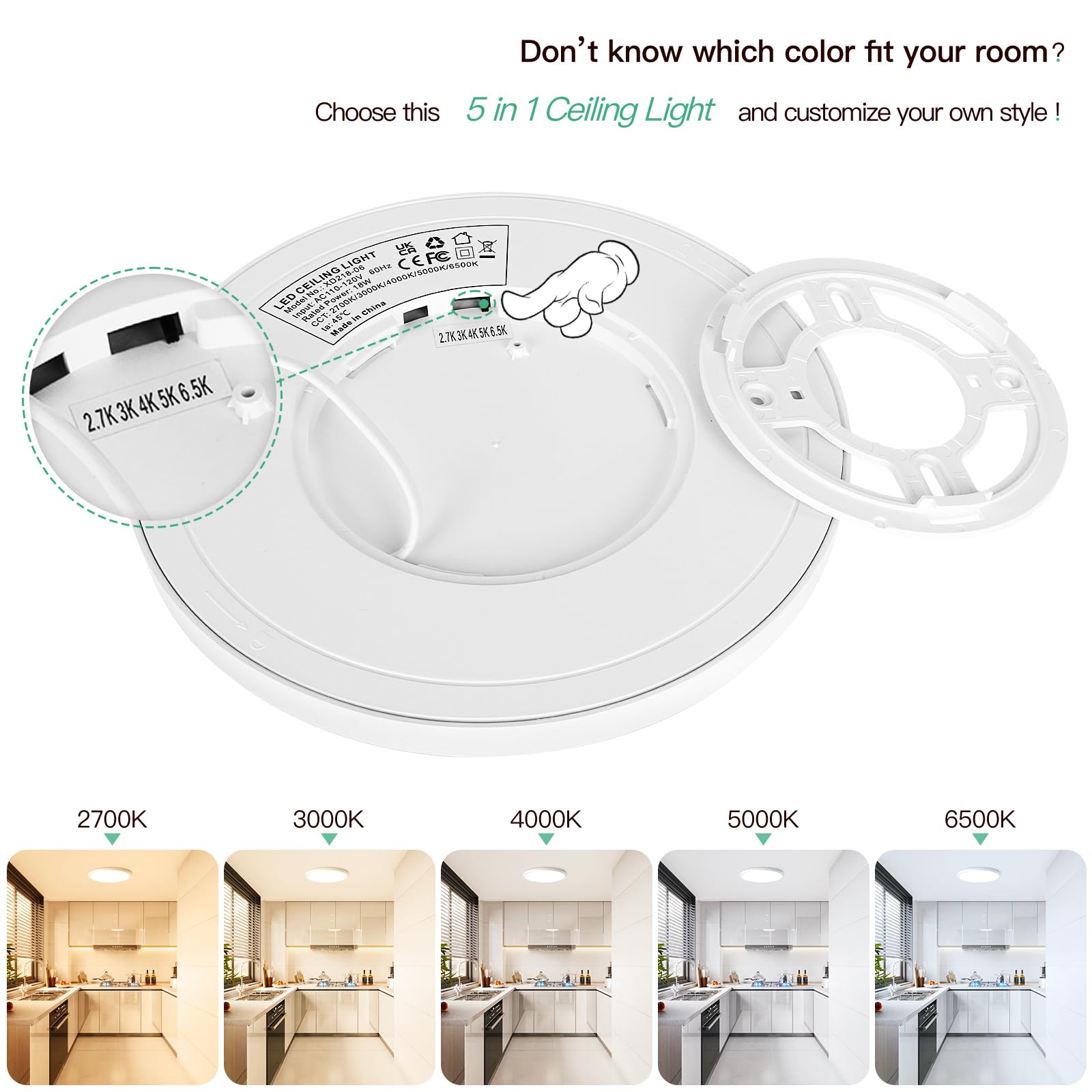 Brightever flush-mount LED with five color temperatures for personalized ambiance.