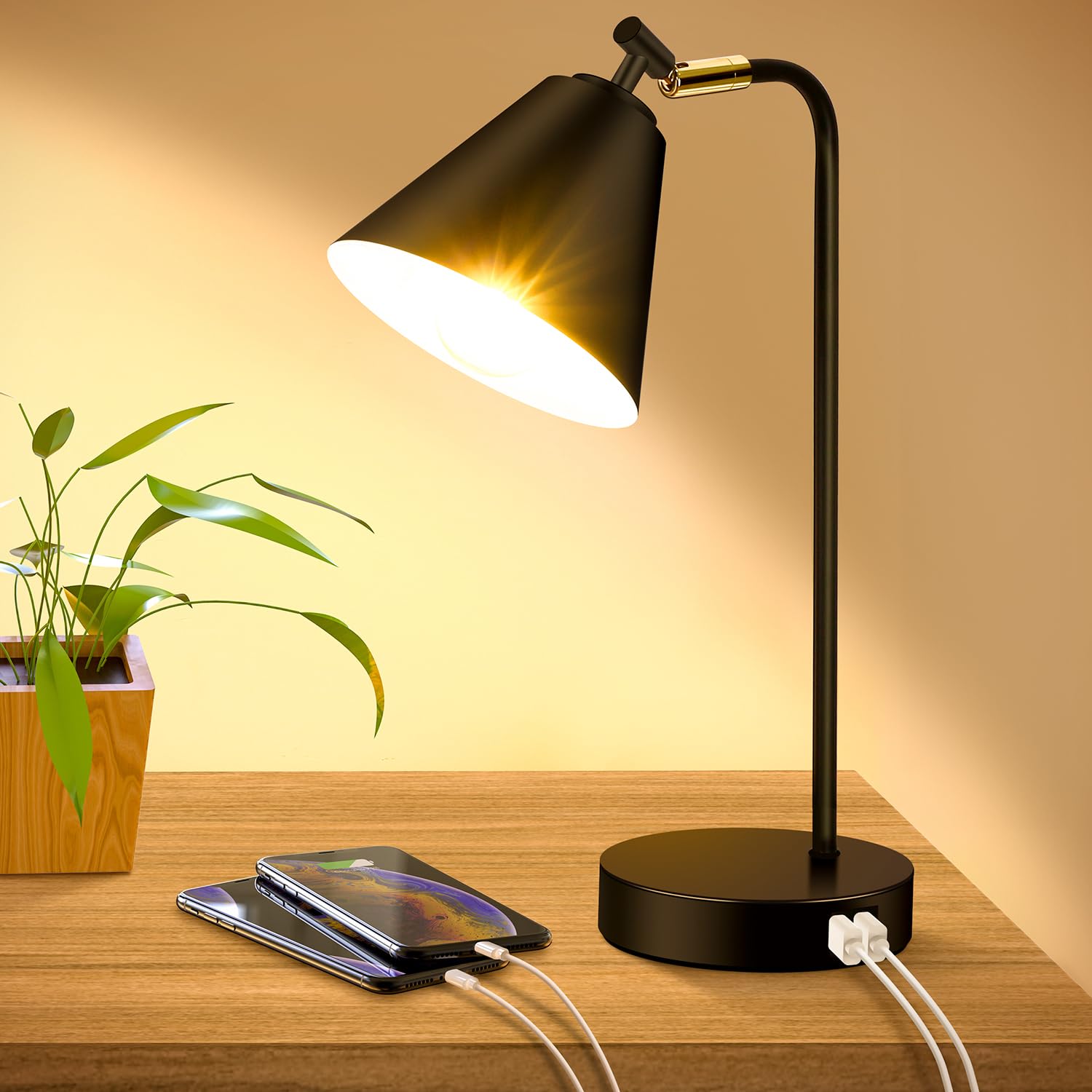 Brightever industrial dimmable desk lamp with dual USB ports for quick device charging.