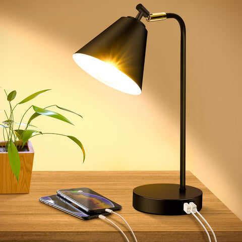 Brightever industrial dimmable desk lamp with dual USB ports for quick device charging.