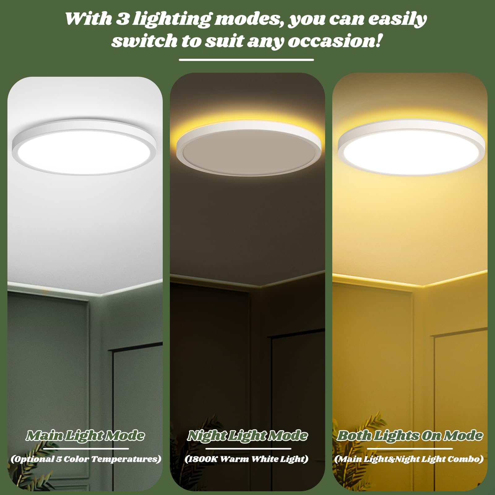Brightever LED flush mount night light mode demonstrates gentle amber glow for bedrooms