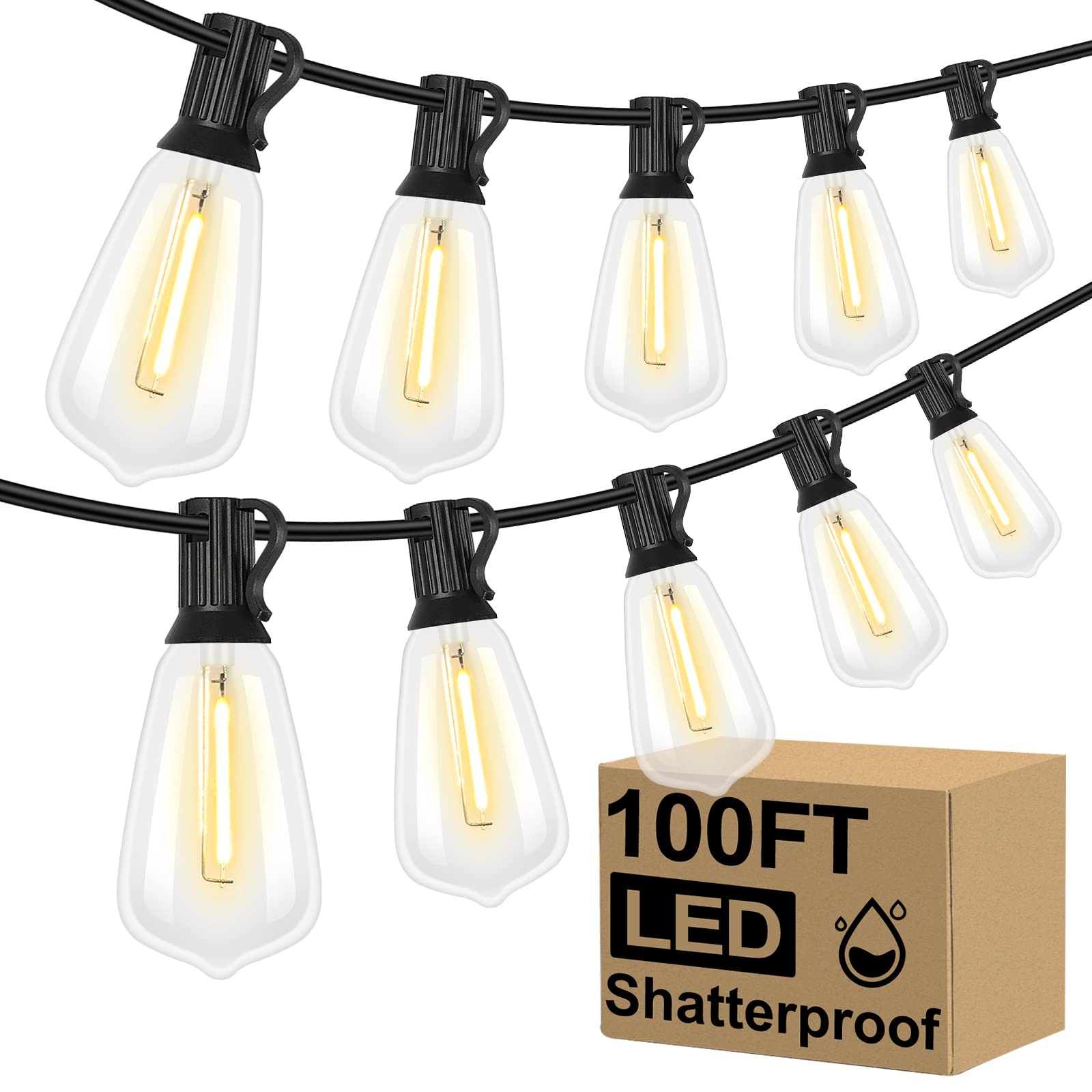 Brightever LED outdoor string lights with 52 ST38 bulbs for warm patio ambiance.
