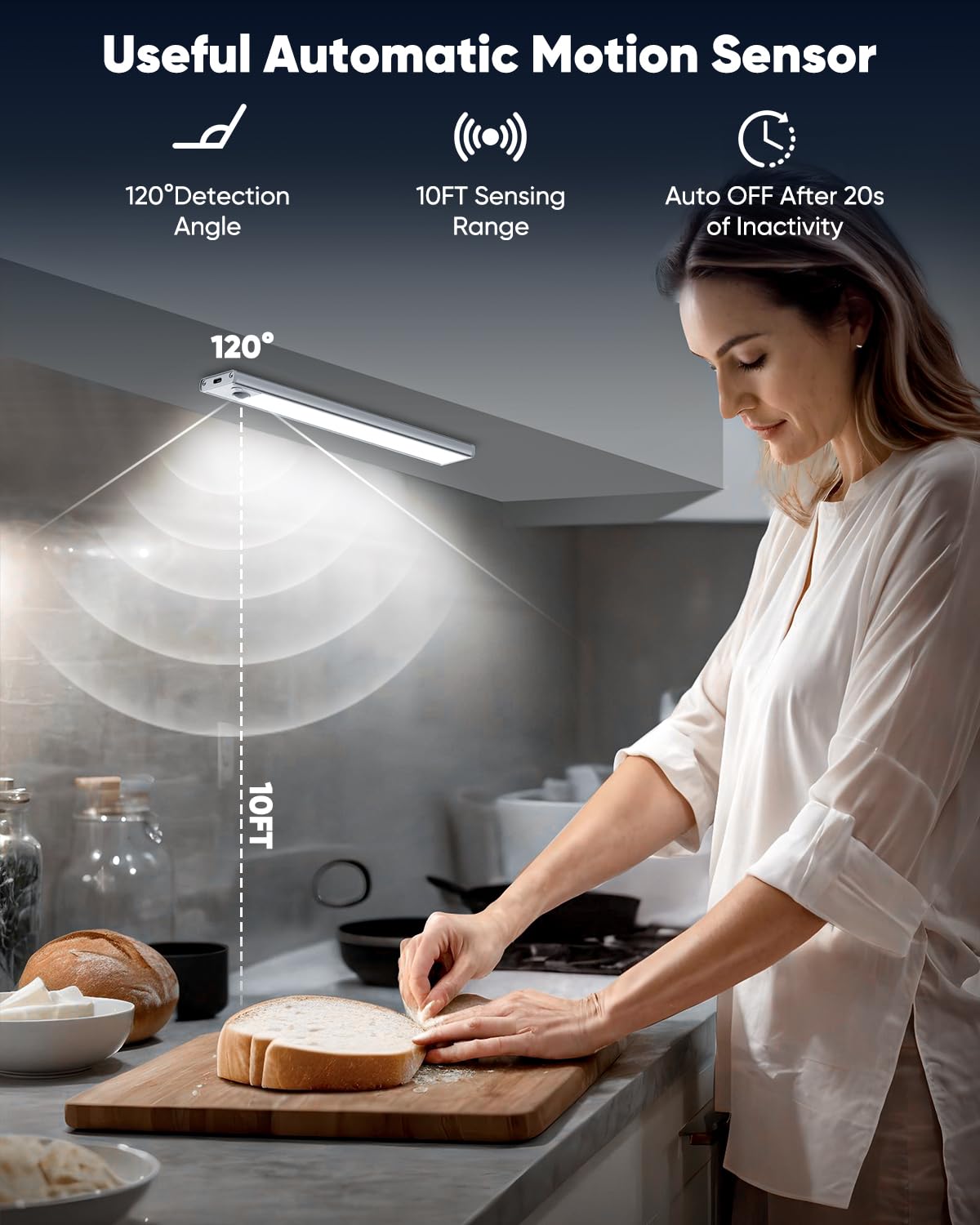 Brightever motion sensor detects activity up to 10 ft for hands-free light.