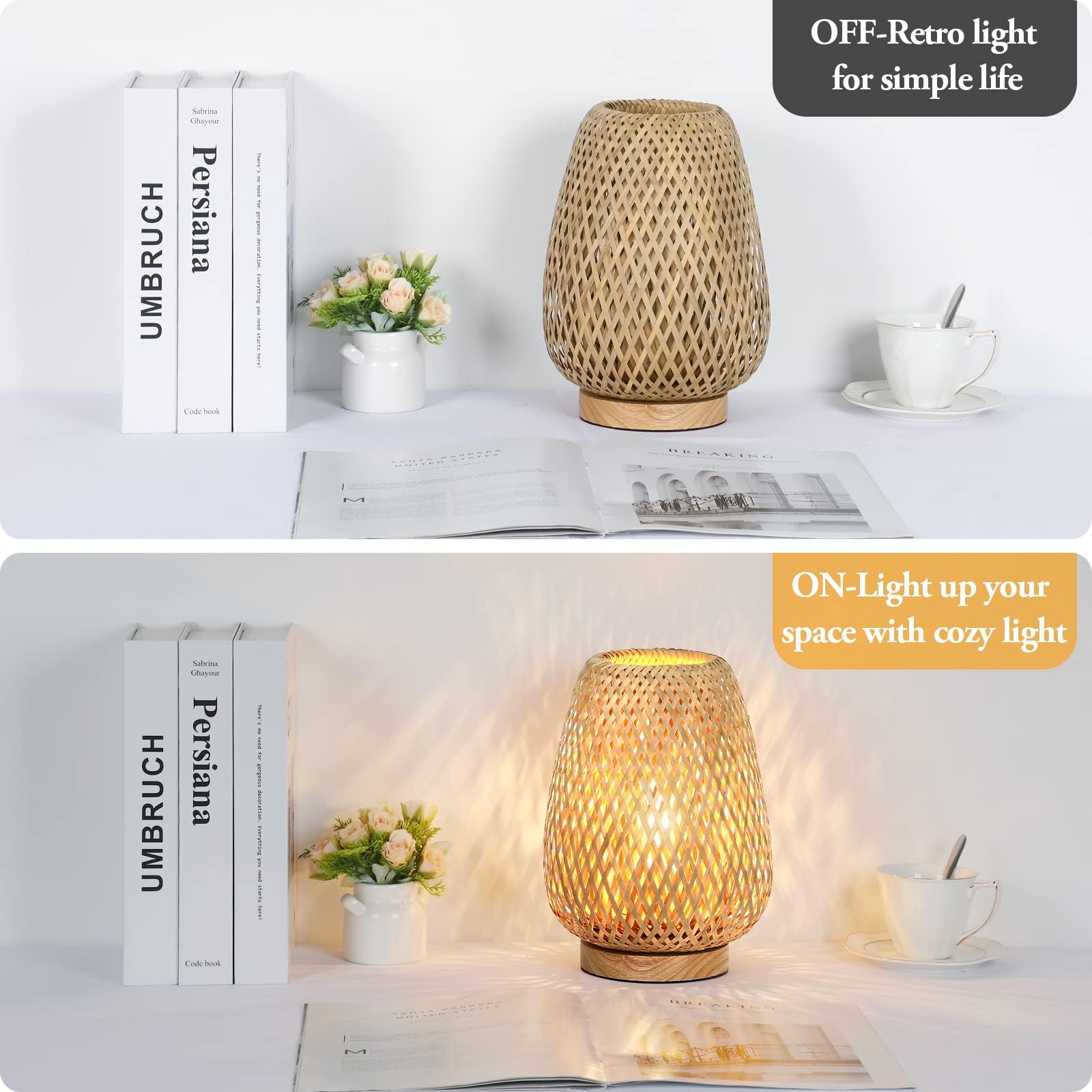 Brightever rattan lamp includes 2700K T45 bulb for a warm glow.