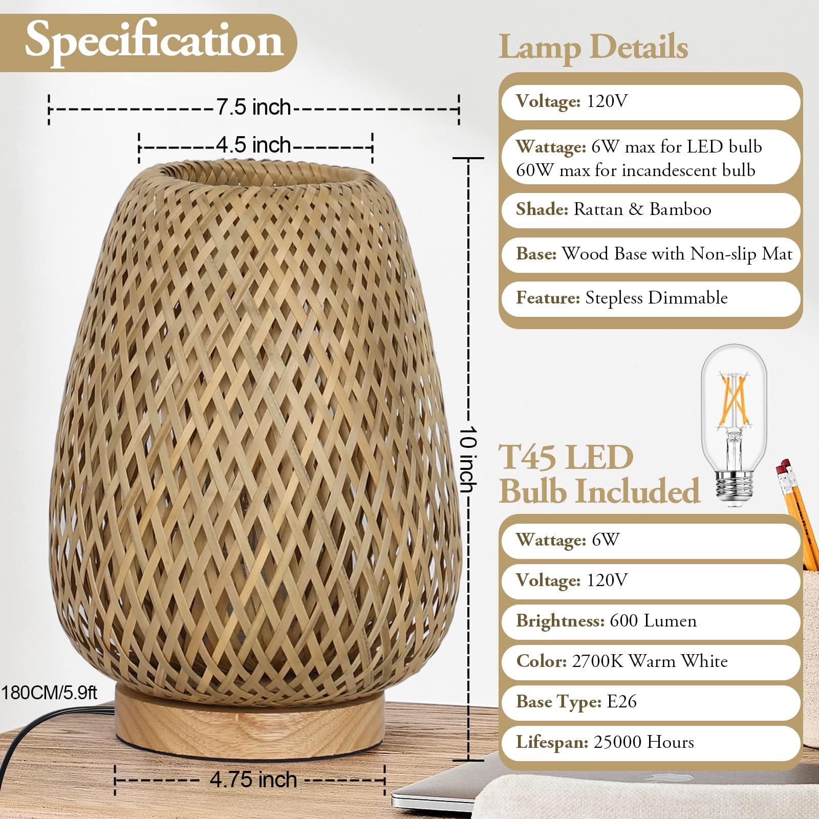 Brightever rattan lamp is compact and fits nightstands.