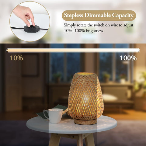 Brightever rattan lamp with cord dimmer for adjustable brightness while reading.