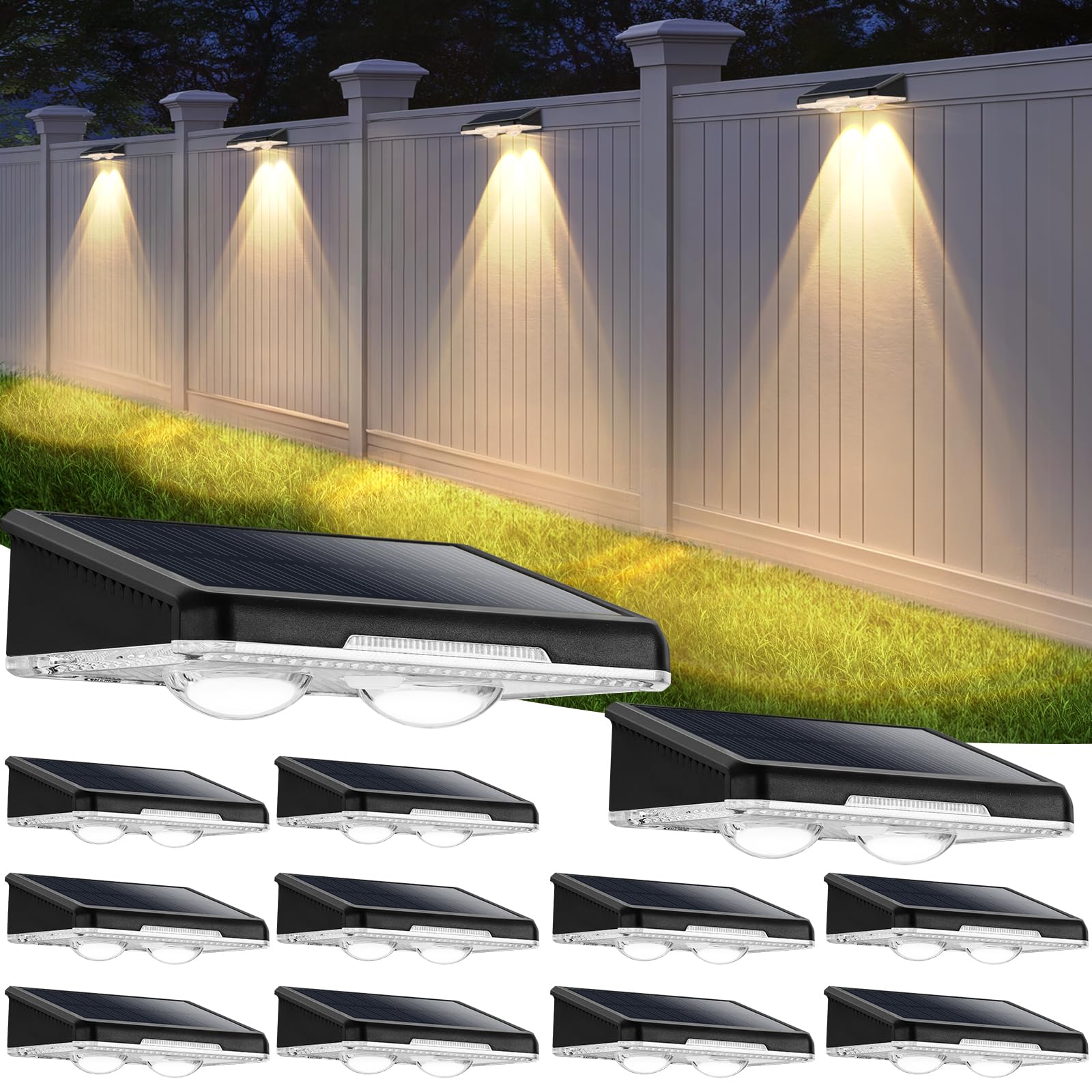 Brightever solar fence light panel closeup demonstrates the lens for bright outdoor illumination.