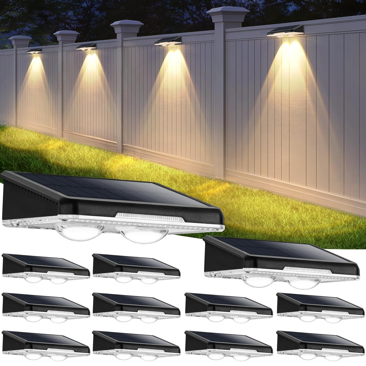 Brightever solar fence light panel closeup demonstrates the lens for bright outdoor illumination.