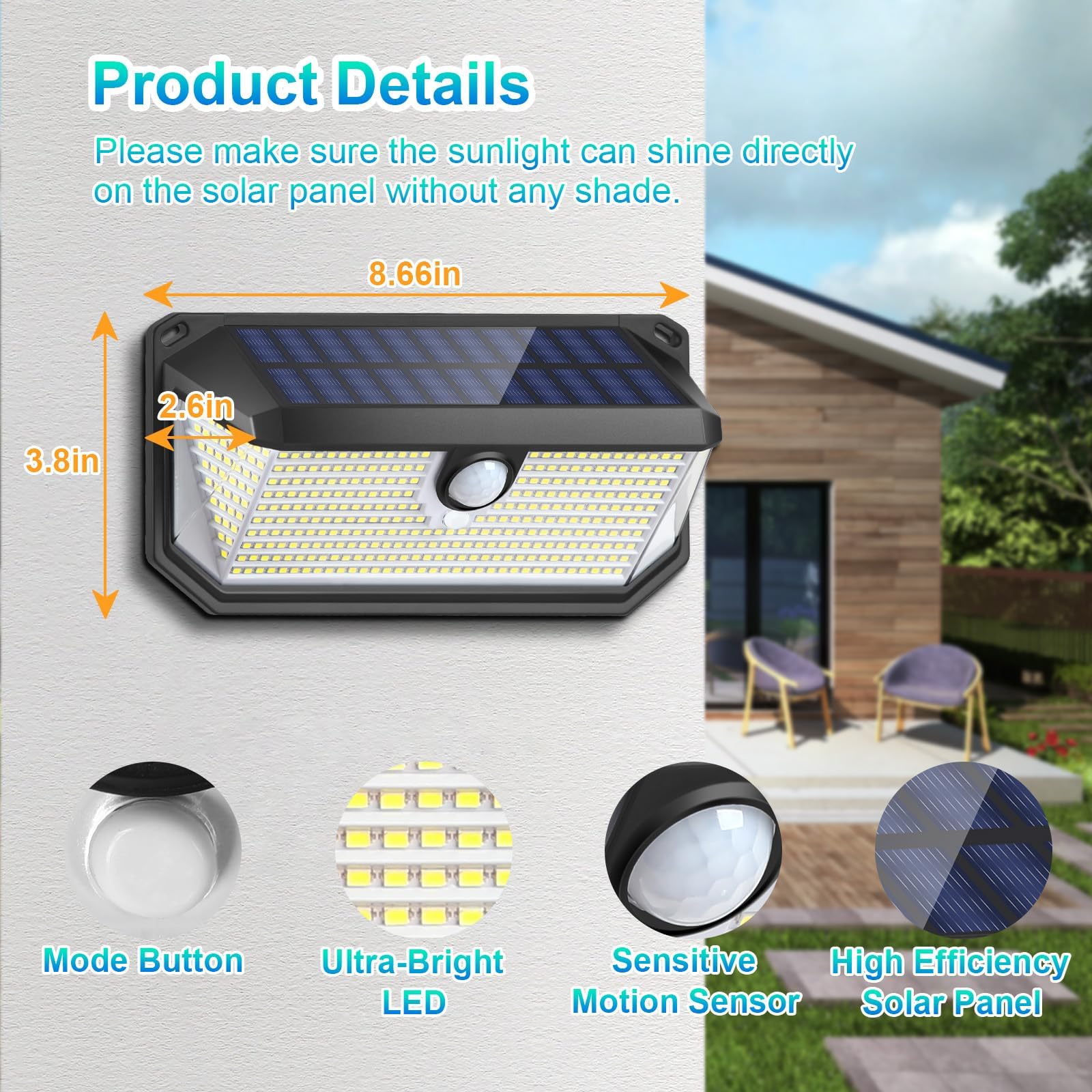Brightever solar outdoor lights panel closeup highlights efficient monocrystalline cell.