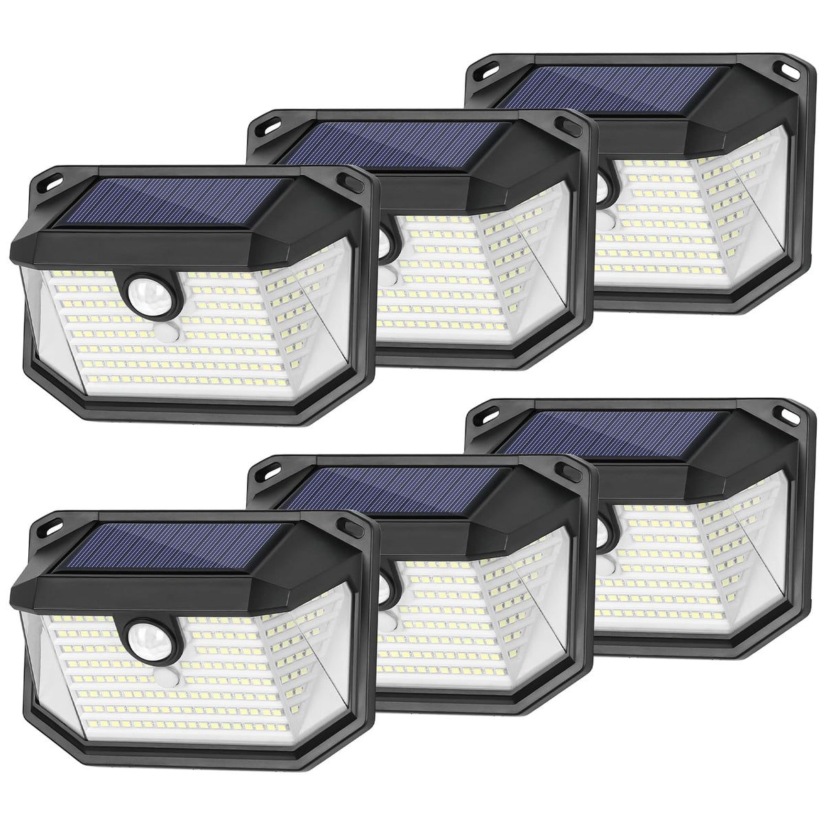 Brightever six-pack solar wall lights illuminate outdoor paths for safety.