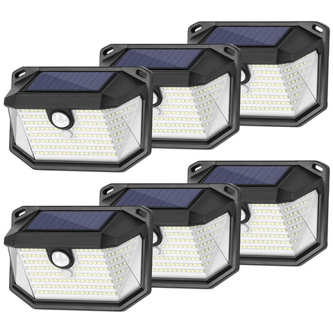 Brightever six-pack solar wall lights illuminate outdoor paths for safety.