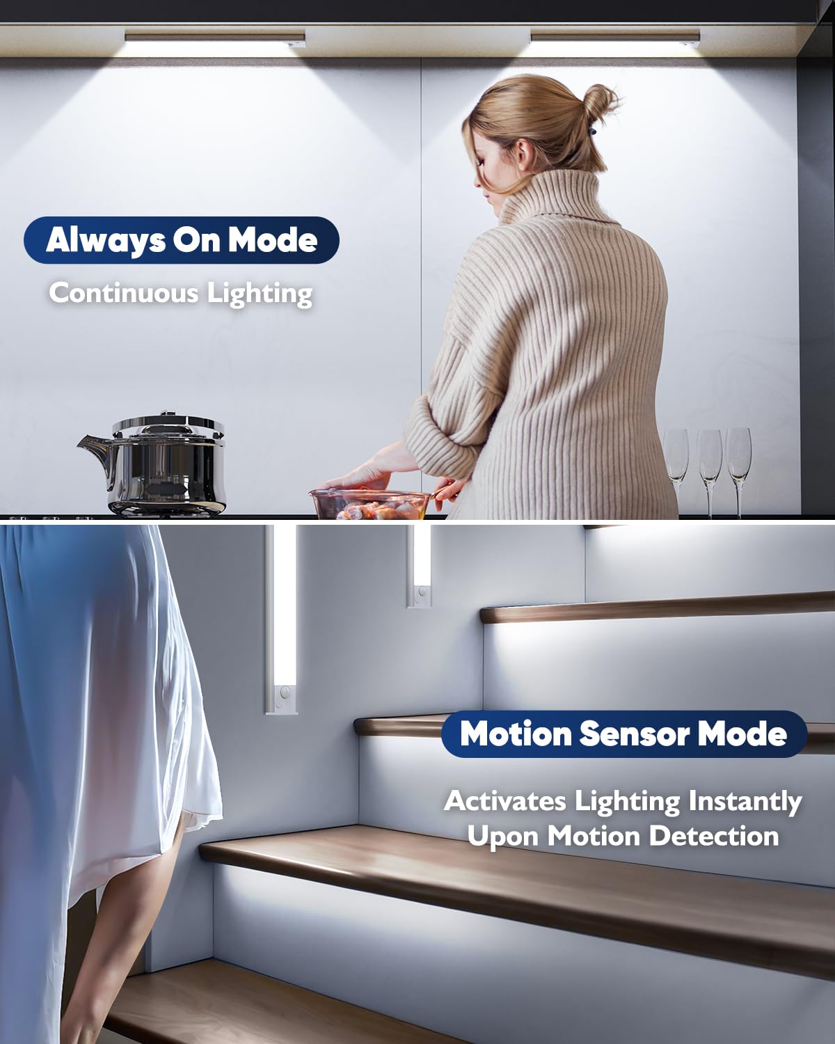 Brightever motion sensor under cabinet light covers 120° range for easy hands-free use.