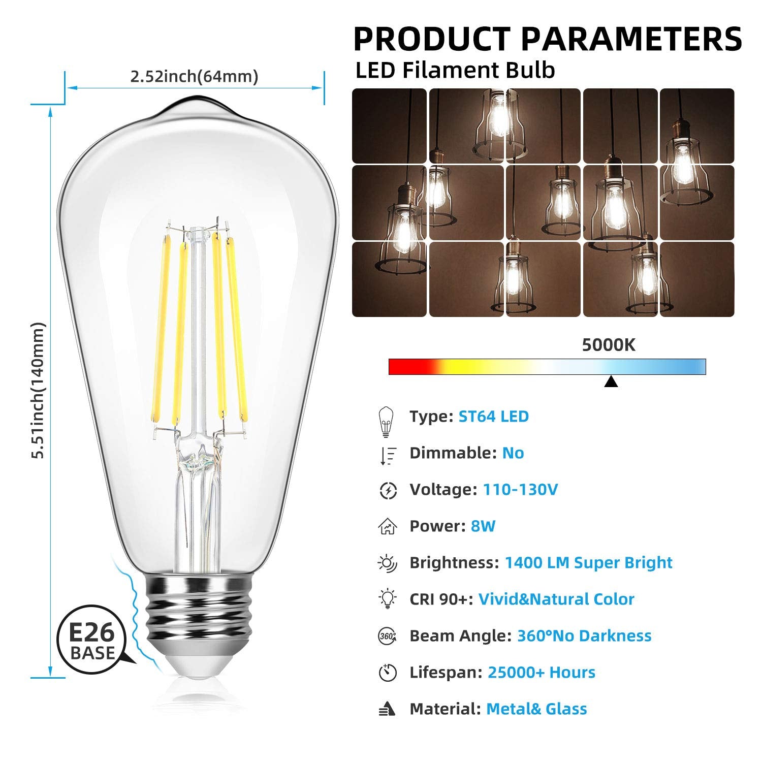 Brightever 8W LED Edison bulb delivering 1400 lumens in daylight 5000K for bright task lighting.