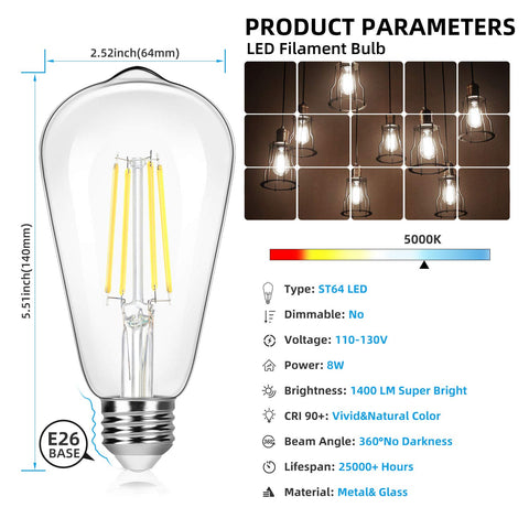 Brightever 8W LED Edison bulb delivering 1400 lumens in daylight 5000K for bright task lighting.