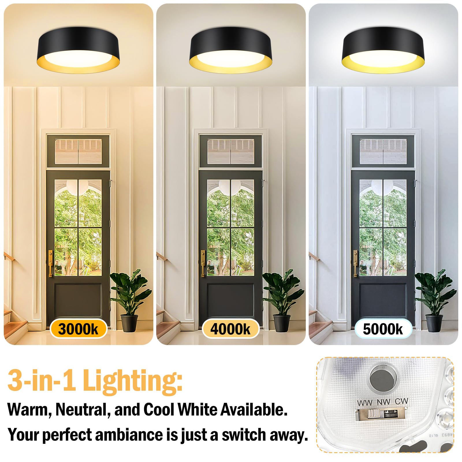 BrightHome flush mount LED ceiling light, close-up shows black frame and gold interior.