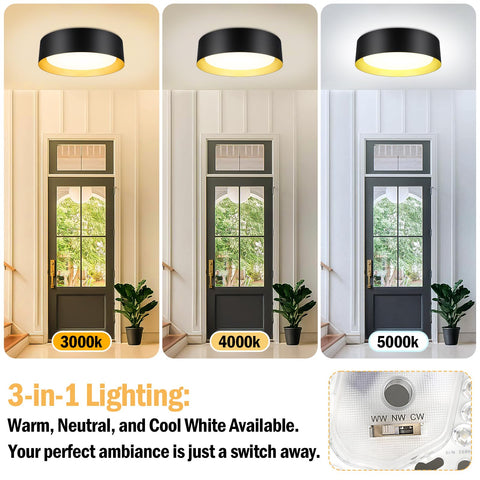 BrightHome flush mount LED ceiling light, close-up shows black frame and gold interior.