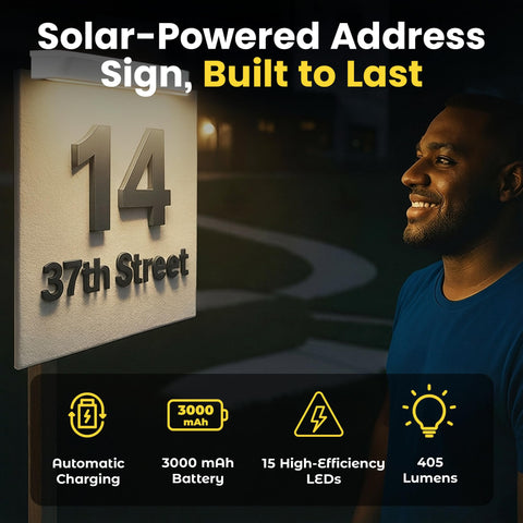 Brighticonic 2Pck solar address sign light side angle highlights signage from street