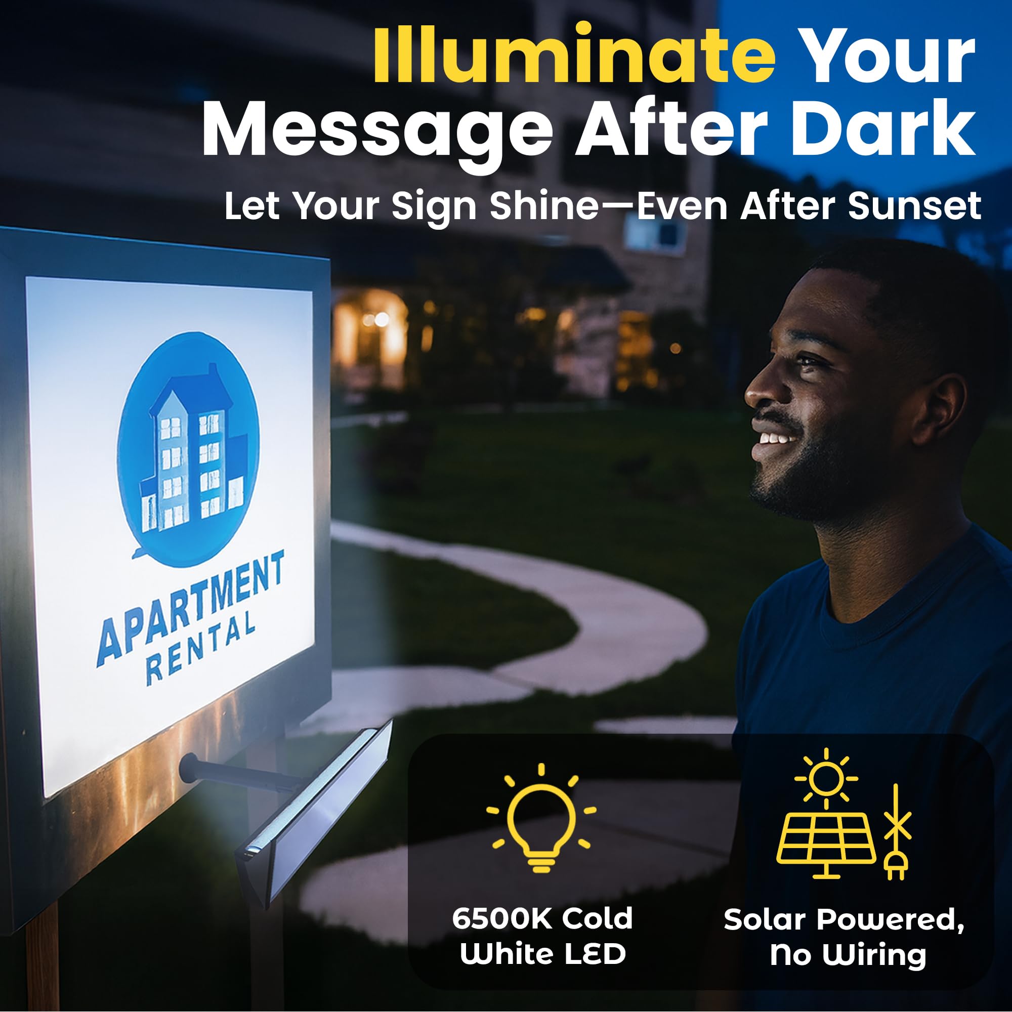 Brighticonic dusk-to-dawn sensor sign light activates automatically.