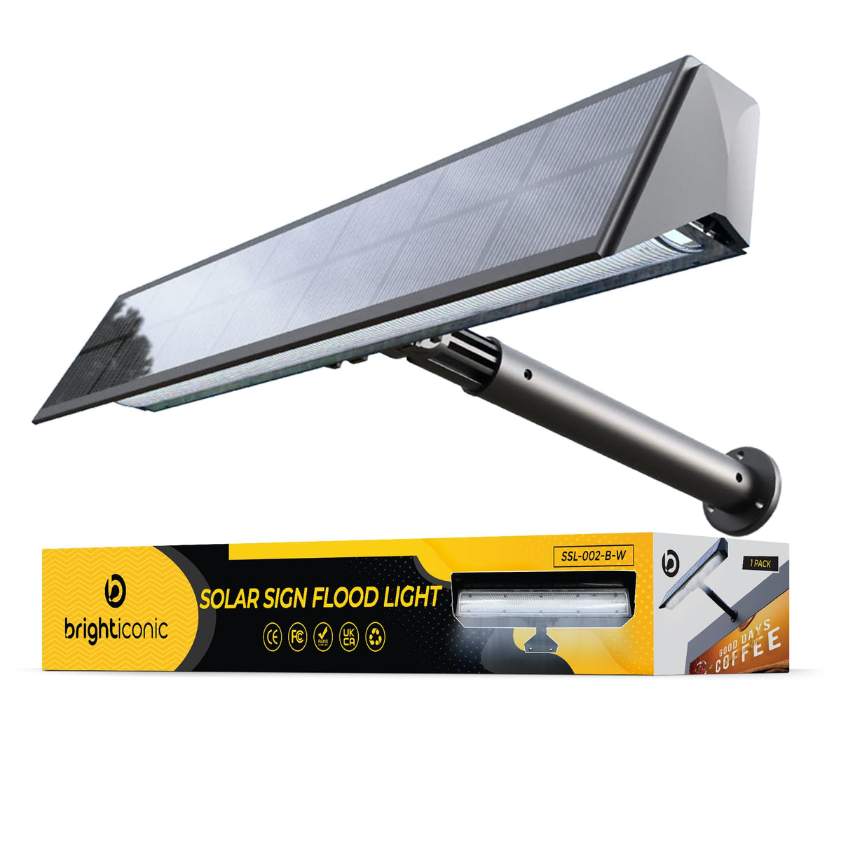 Brighticonic solar sign light in black housing illuminating house numbers at night.