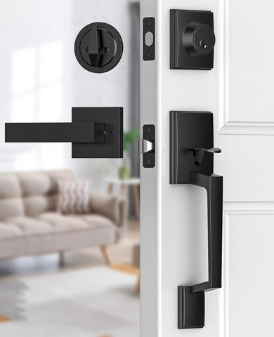Brightify black front door handle with lever for stylish entry access
