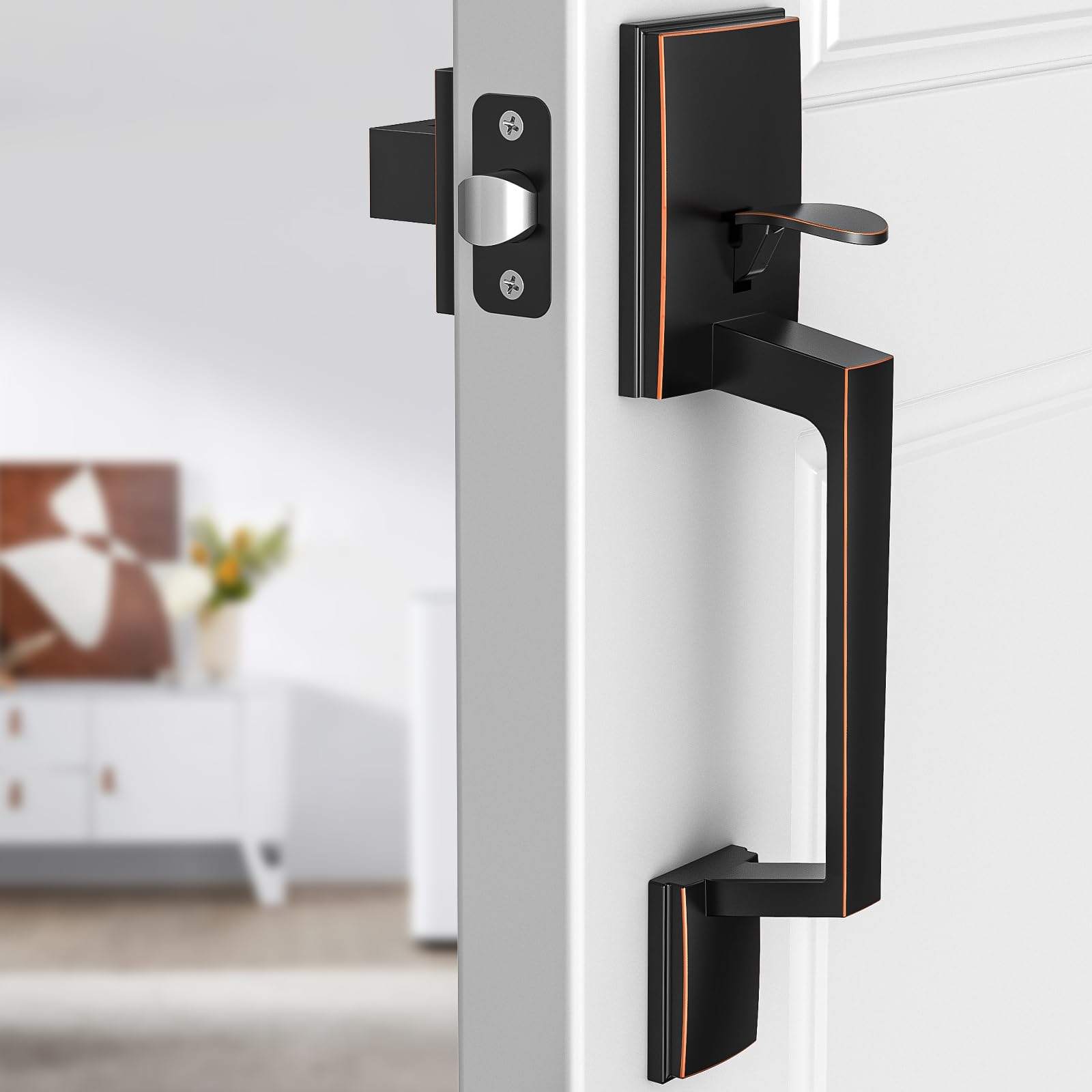 Exterior Brightify handle in bronze finish for weather-resistant exterior look.