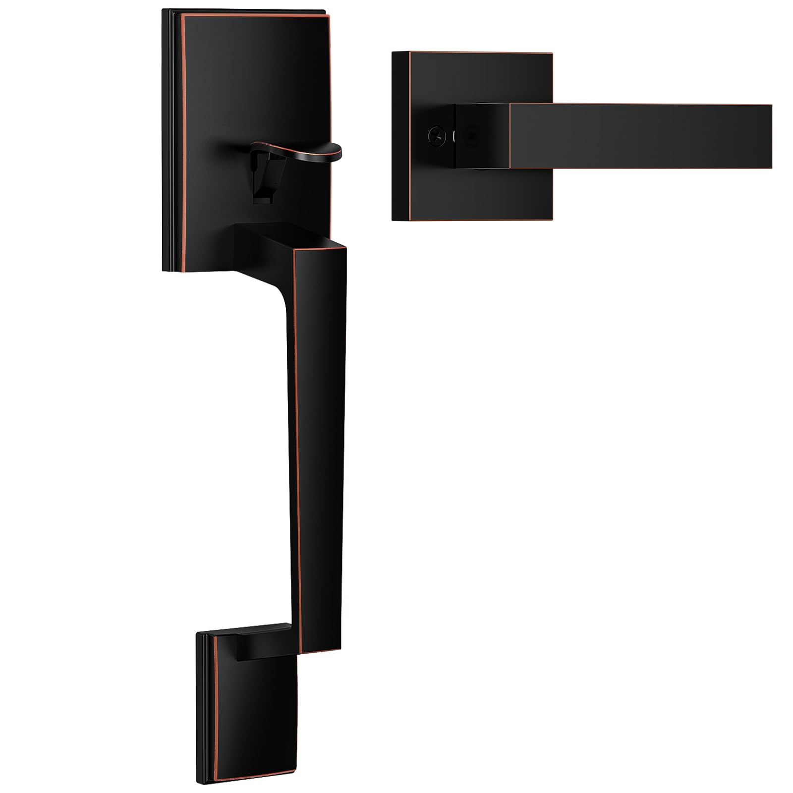 Brightify front door handle in oil rubbed bronze with modern lever for secure entry.