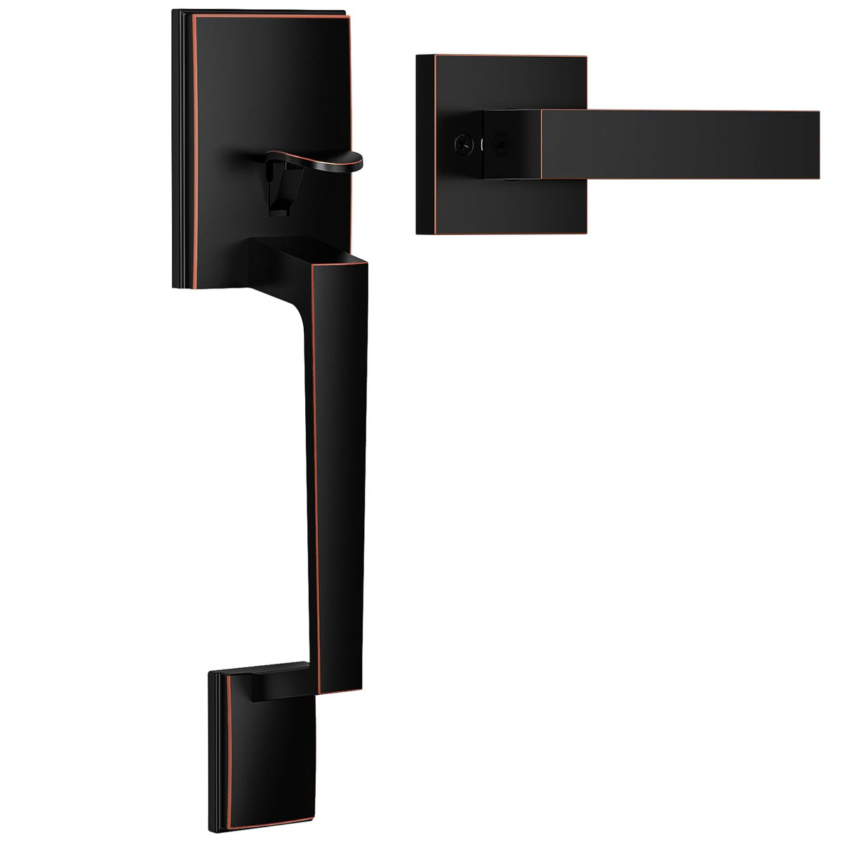 Brightify front door handle in oil rubbed bronze with modern lever for secure entry.