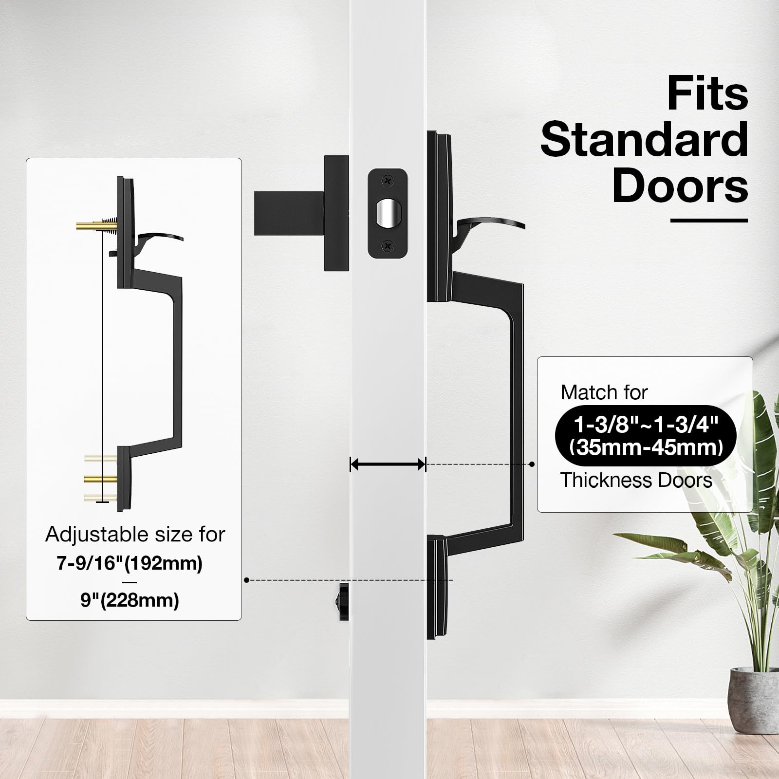Brightify adjustable backset supports 2-3/8 and 2-3/4 inches for standard doors.