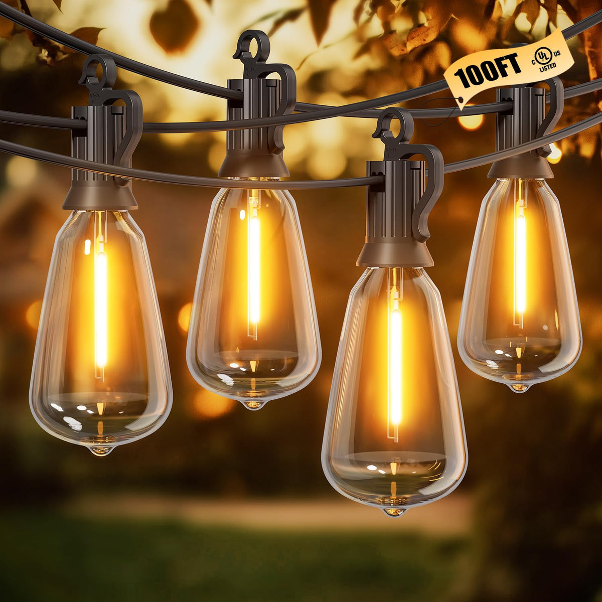 Brightown 100ft outdoor string lights illuminate patios with durable, shatterproof bulbs.