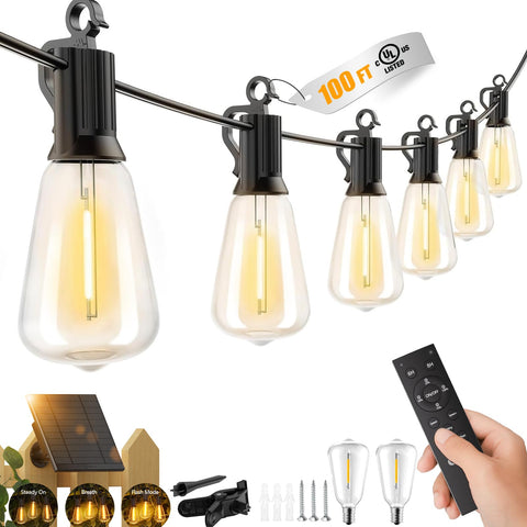 Brightown 100ft solar string lights outdoors create inviting patio ambiance.