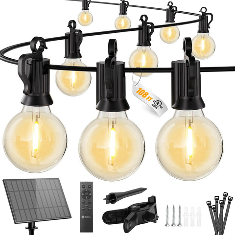 Brightown 108FT solar string lights mounted on wall for outdoor ambiance