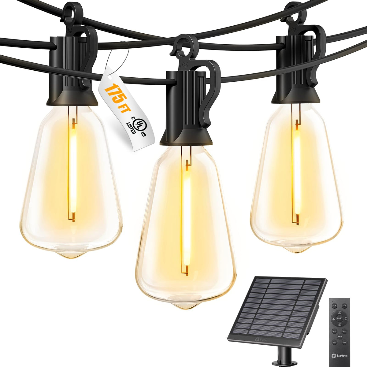 Brightown 175ft solar string lights over patio for warm outdoor dinners.